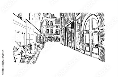 Building view with landmark of Arnhem is a city and municipality situated in the eastern part of the Netherlands. Hand drawn sketch illustration in vector.