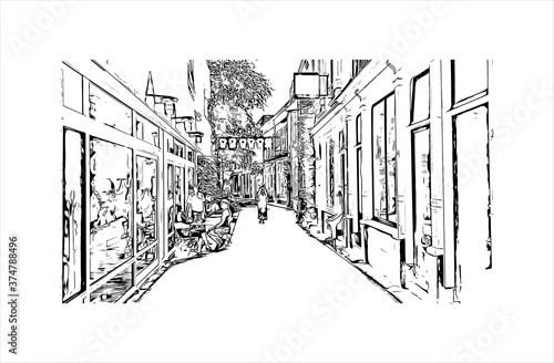 Building view with landmark of Arnhem is a city and municipality situated in the eastern part of the Netherlands. Hand drawn sketch illustration in vector.