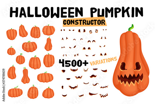 Halloween pumpkin character constructor. Vector illustration kit to generate creepy monsters with spooky expressions. Face with mouth and evil eyes creation set.