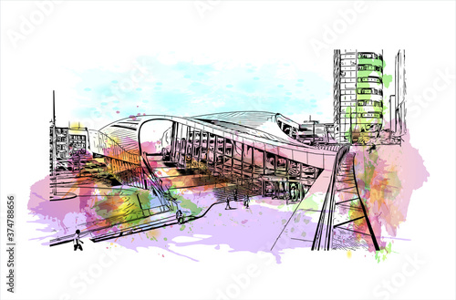 Building view with landmark of Arnhem is a city and municipality situated in the eastern part of the Netherlands. Watercolor splash with hand drawn sketch illustration in vector.