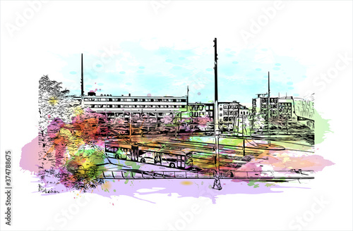 Building view with landmark of Arnhem is a city and municipality situated in the eastern part of the Netherlands. Watercolor splash with hand drawn sketch illustration in vector.