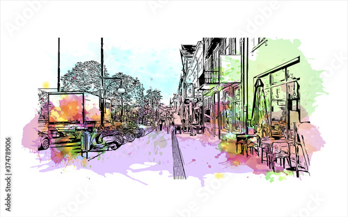 Building view with landmark of Arnhem is a city and municipality situated in the eastern part of the Netherlands. Watercolor splash with hand drawn sketch illustration in vector.