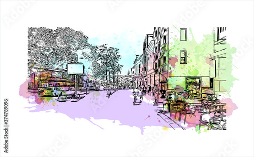 Building view with landmark of Arnhem is a city and municipality situated in the eastern part of the Netherlands. Watercolor splash with hand drawn sketch illustration in vector.