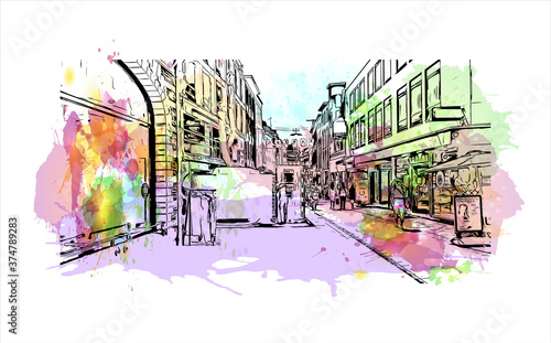 Building view with landmark of Arnhem is a city and municipality situated in the eastern part of the Netherlands. Watercolor splash with hand drawn sketch illustration in vector.
