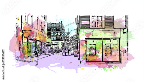 Building view with landmark of Arnhem is a city and municipality situated in the eastern part of the Netherlands. Watercolor splash with hand drawn sketch illustration in vector.
