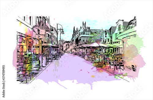 Building view with landmark of Arnhem is a city and municipality situated in the eastern part of the Netherlands. Watercolor splash with hand drawn sketch illustration in vector.