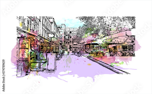 Building view with landmark of Arnhem is a city and municipality situated in the eastern part of the Netherlands. Watercolor splash with hand drawn sketch illustration in vector.