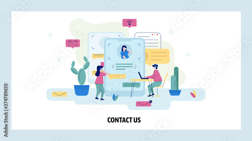 Contact us page. Call center and support online chat concept illustration. People answer calls and customer questions. Vector web site design template