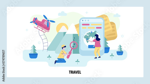 Woman uses mobile phone to plan travel route. Vacation and adventure concept illustration. Entomologist looks at ants through the magnifier. Vector web site design template