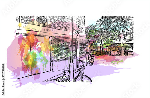 Building view with landmark of Arnhem is a city and municipality situated in the eastern part of the Netherlands. Watercolor splash with hand drawn sketch illustration in vector.