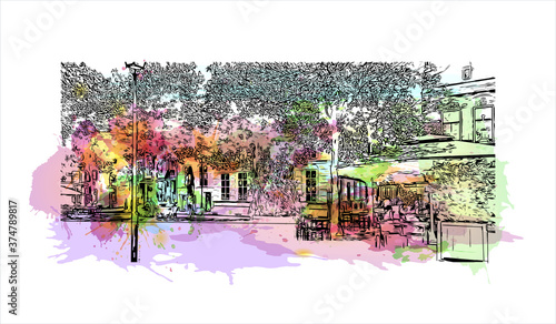 Building view with landmark of Arnhem is a city and municipality situated in the eastern part of the Netherlands. Watercolor splash with hand drawn sketch illustration in vector.