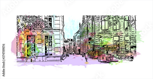 Building view with landmark of Arnhem is a city and municipality situated in the eastern part of the Netherlands. Watercolor splash with hand drawn sketch illustration in vector.