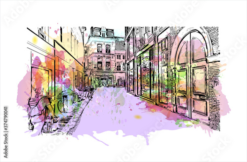 Building view with landmark of Arnhem is a city and municipality situated in the eastern part of the Netherlands. Watercolor splash with hand drawn sketch illustration in vector.