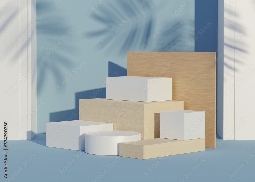 3D Abstract background of empty podium display for products and cosmetic presentation and mock up. Classy modern pedestal or showcase with shadow of palm leaves. Colorful scene. Summer time. 3D Abstract background of empty podium display for products and cosmetic presentation and mock up. Classy modern pedestal or showcase with shadow of palm leaves. Colorful scene. Summer time.