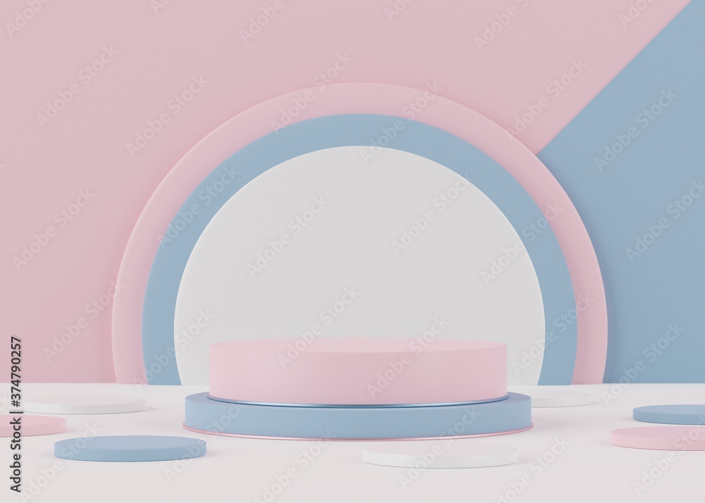 3d Abstract background of empty podium display for products and cosmetic presentation and mock up. Pastel cream colors pedestal or showcase with minimal geometry shapes. Colorful scene.