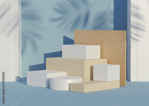 3D Abstract background of empty podium display for products and cosmetic presentation and mock up. Classy modern pedestal or showcase with shadow of palm leaves. Colorful scene. Summer time.