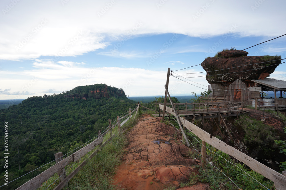 Beautiful mountain landscape with red stone cliff of Phu Thok the famous tourist attraction of Bueng Kan