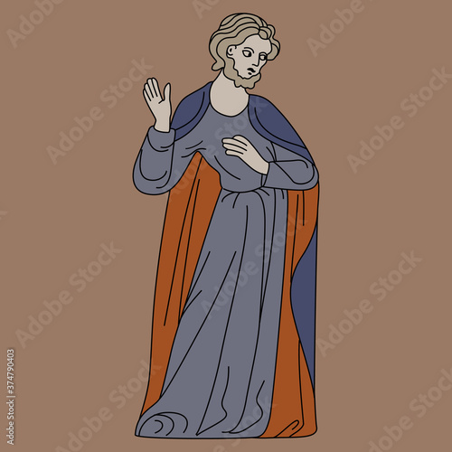 Standing young man in medieval clothes. Preaching Jesus Christ. Isolated vector illustration. 