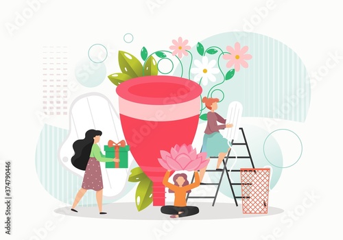 Menstrual period feminine hygiene tampons, sanitary pads and menstrual cup, flat vector illustration