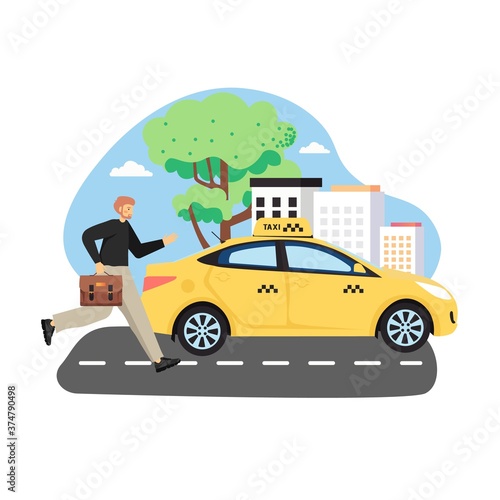 Businessman with briefcase trying to catch yellow taxi cab  flat vector illustration