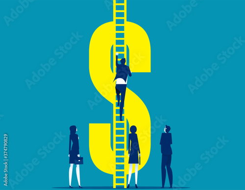 Person climb ladder to money symbol.  Business financial concept