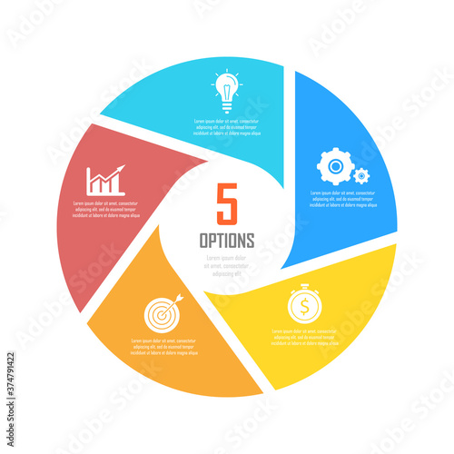 Circle infographics template can be used diagram, presentation or web design. Business concept with 5 options or steps. Vector infographic design.