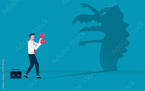 Businessman character fighting against scary shadow vector illustration.