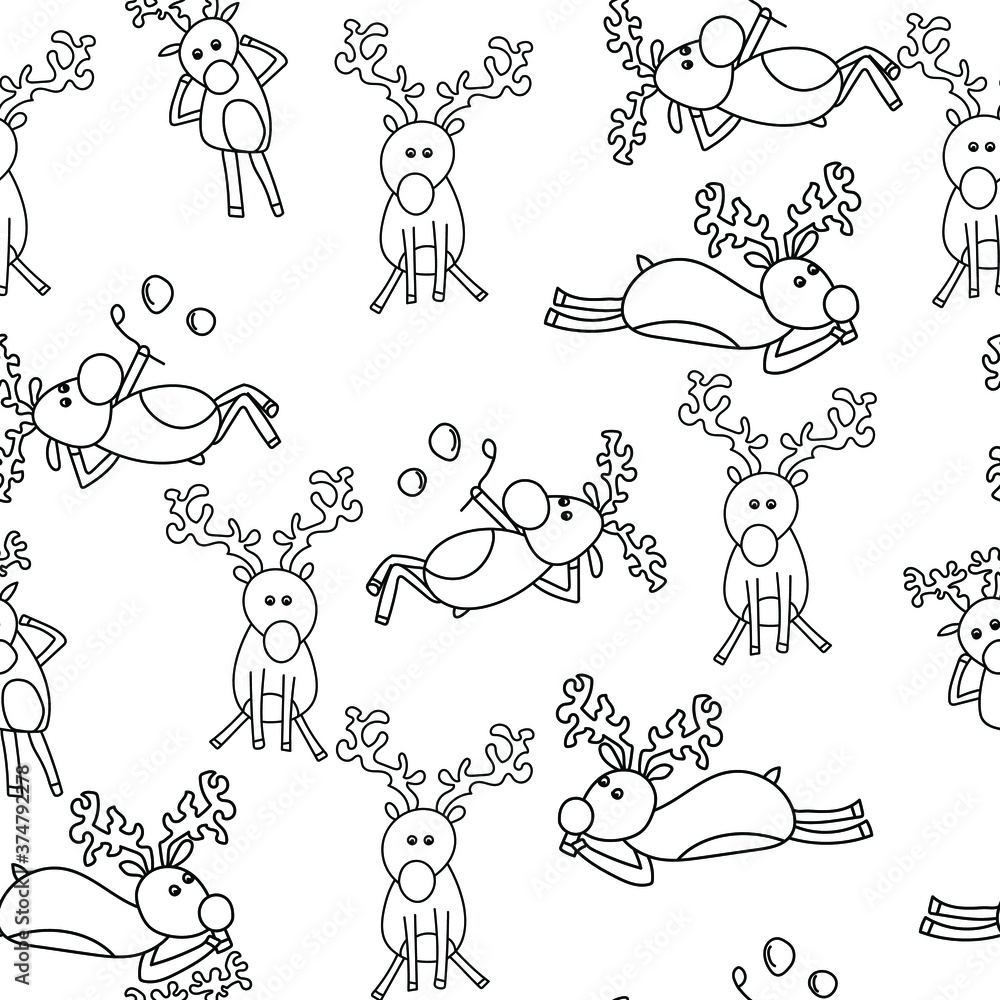 Cute seamless pattern with the image of four different deer, Christmas horned animal in various poses, Outline vector illustration