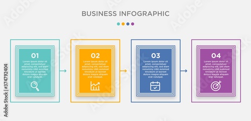 Four square elements or rectangular frames placed in horizontal row. Visualization of 4-stepped business process. Simple info graphic design template. Flat vector illustration for presentation, report
