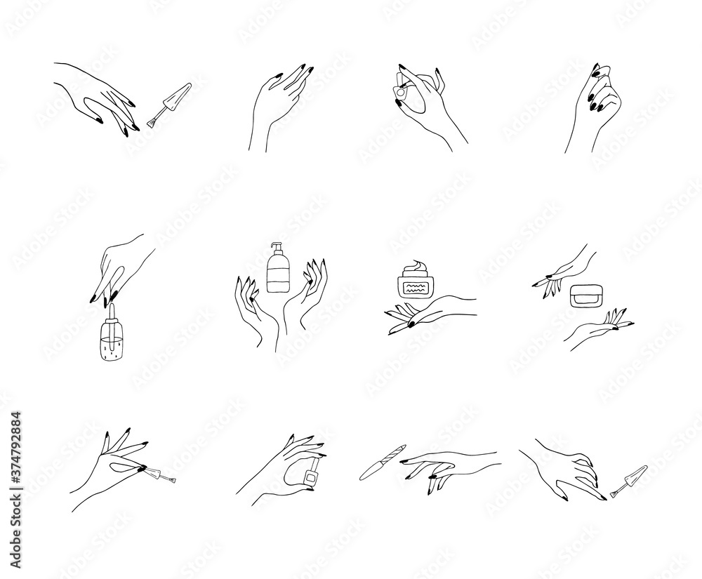 Female manicured hands. Lady painting, polishing nails. Nail polish and nail file. Vector Illustration of Elegant female hands in a trendy minimalist style. Beauty logo for nail studio or spa salon.