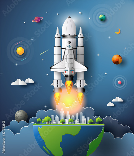 Paper art style of the space shuttle taking off in space, start-up concept, flat-style vector illustration.