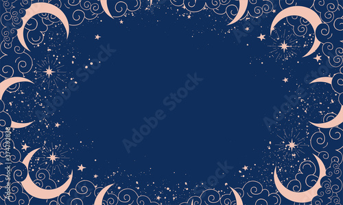 Magical blue background with moon and crescent moon, place for text. Banner with stars, cosmic pattern for boho design, astrology. Doodle vector illustration.