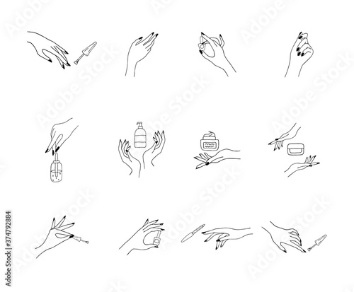 Female manicured hands. Lady painting, polishing nails. Nail polish and nail file. Vector Illustration of Elegant female hands in a trendy minimalist style. Beauty logo for nail studio or spa salon.