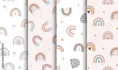 Trendy rainbows in boho style in different color. Set of vector seamless pattern. Children illustrations for holidays. Doodle art elements. Design for fabric, postcards, bed linens and wallpaper.