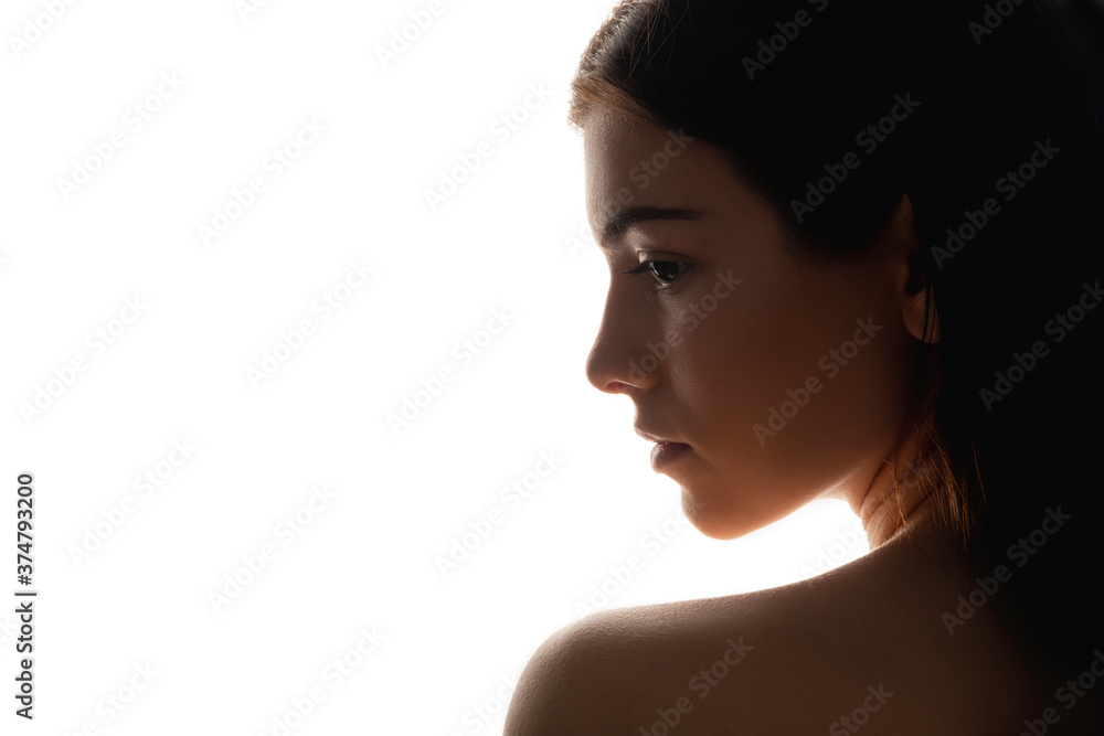 Natural beauty. Silhouette woman with neutral makeup. Profile portrait isolated on white. Face perfection. Skin and body care. Green cosmetic