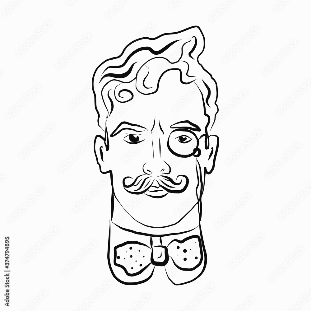 Obraz premium Sketch of a learned man with a mustache and a pince-nez. vector illustration in retro style. Black and white image. for logos, icons, and avatars in social networks.