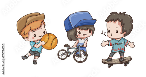 Vector illustration of cute chibi character in various pose isolated on white background. Collection of cartoon boyand girl in sportswear isolated on white background.