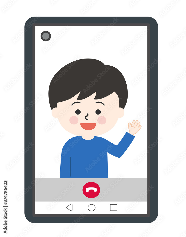 Boy having video call on smartphone. Vector illustration isolated on white background.