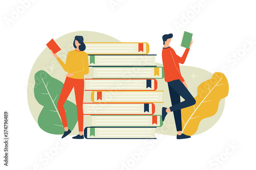 Vector illustration, man and woman standing reading book