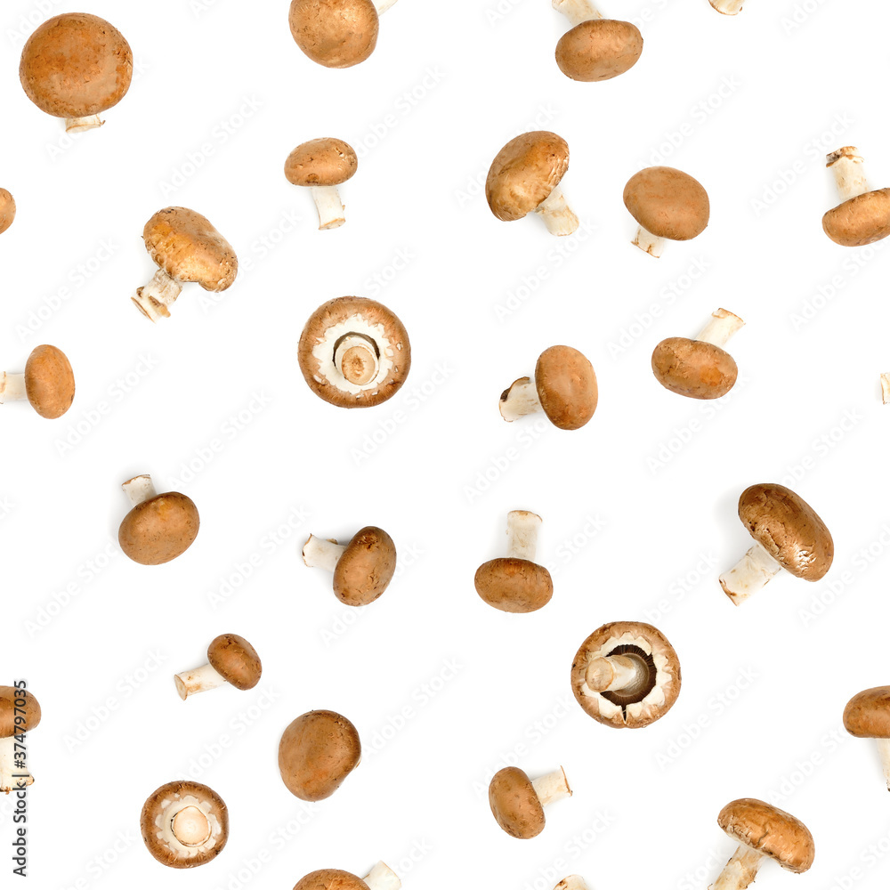Seamless pattern edible mushrooms with different angles isolated on white Seamless pattern edible mushrooms with different angles isolated on white