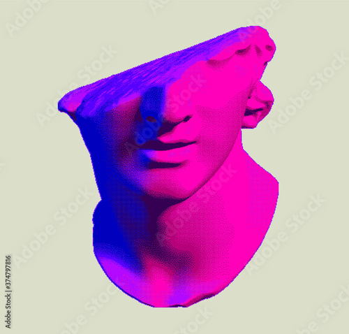 Fragmentary marble of plaster bust in bitmap pixel art style. Vaporwave and cyberpunk aesthetics from the 80s like in old video games.