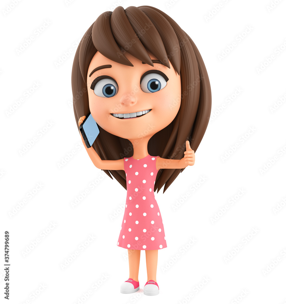 Cartoon character little girl talking and showing thumb up on a white background. 3d render illustration. Cartoon character little girl talking and showing thumb up on a white background. 3d render illustration.