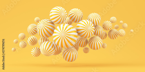 Fototapeta Naklejka Na Ścianę i Meble -  Abstract illustration. Flying striped balloons on a yellow background. 3d render illustration.