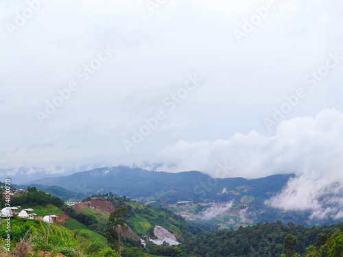 Beautiful green nature with clouds and fog on mountain landscape in Mon Jam, Mae Rim, Chiang Mai, Thailand. Travel concept