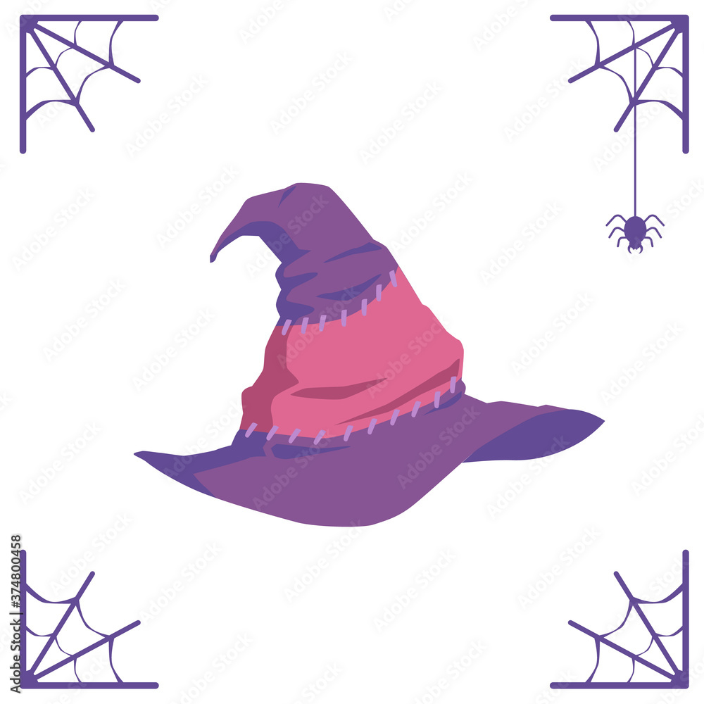 Old purple witch hat - isolated Halloween poster with spider web Stock