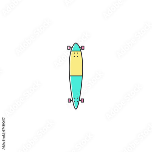 Pintail longboard flat color line icon in minimal design on isolated white background. Skateboard cruiser linear sign, symbol, element, object, pictogram. Skateboarding equipment vector illustration.