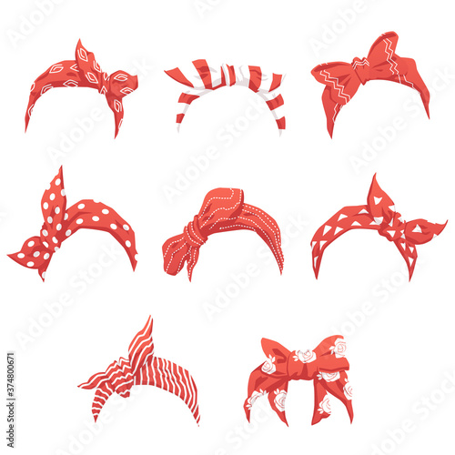Valokuvatapetti Set of red headband or bandana for women realistic vector illustration isolated