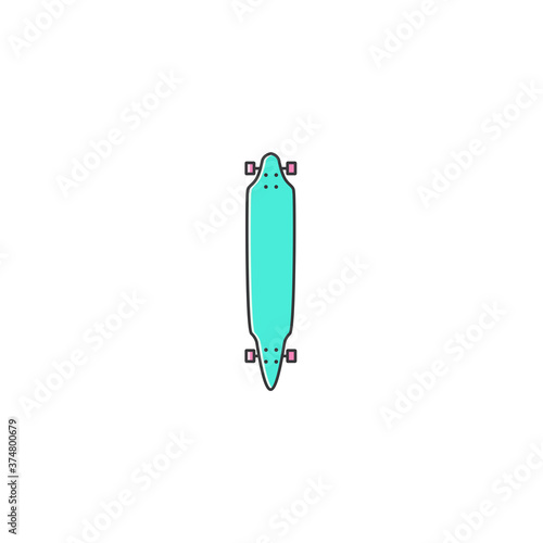 Longboard cruising skateboard flat colorful line icon on isolated white background. Long board cruiser linear sign, symbol, element in minimal design. Skateboarding equipment vector illustration.