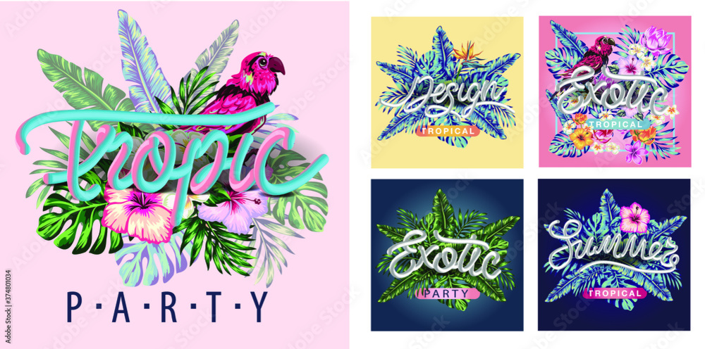 tropical background with palm leaves and exotic flowers and buds of plants, suitable for the design of postcards, packaging or fabric decoration. tropical background with palm leaves and exotic flowers and buds of plants, suitable for the design of postcards, packaging or fabric decoration.