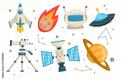 Space set with rocket, UFO, asteroid, telescope and planet. Vector cartoon illustration.